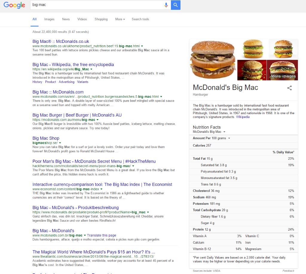 Google Big Mac Nutritional Information